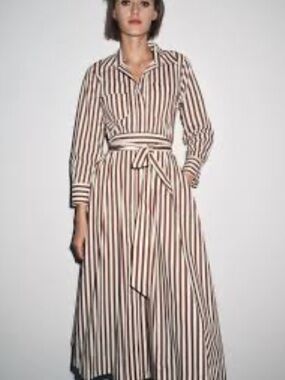 zara brown striped dress Zara Trafaluc Vertical Striped V Neck Dress with Drawstring Waist- Size 18